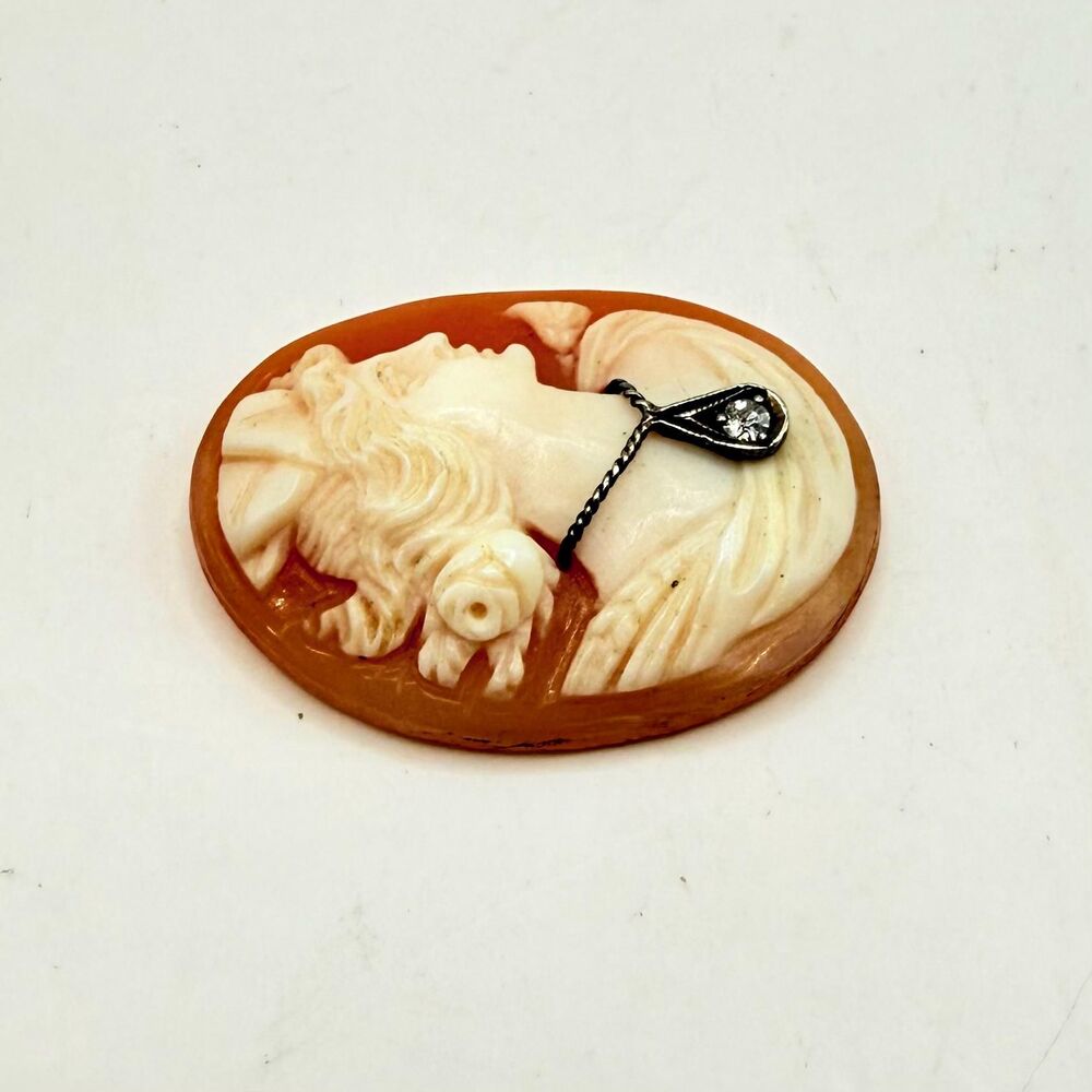 Signed Hand Carved Italian Shell Habill Cameo Genuine Diamond Necklace Loos View 2